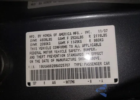 2008 Acura Tl 3.2 z USA, uszkodzony, nr VIN 19UUA66298A025707